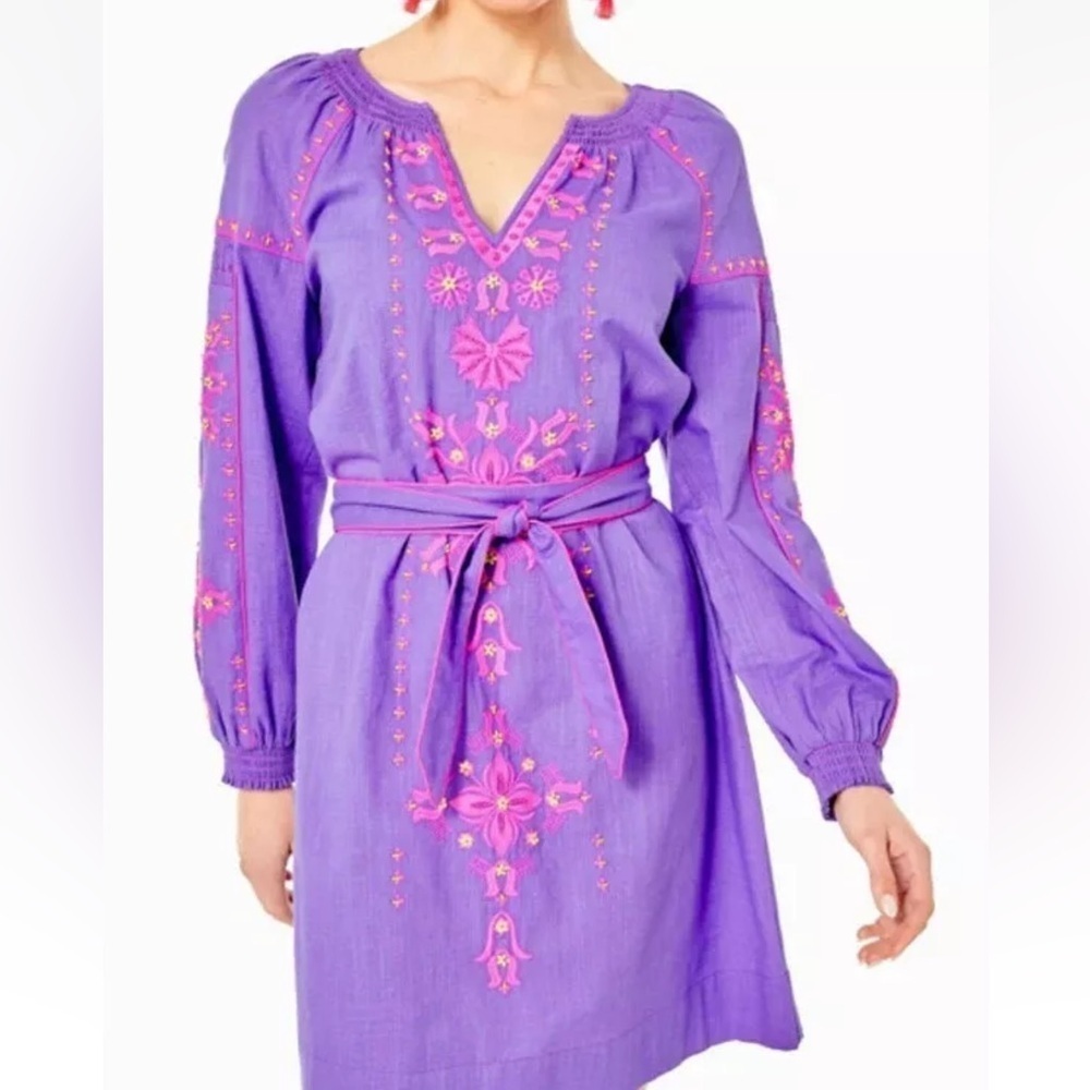 NWOT Lilly Pulitzer Cammie Long Sleeve Embroidery Beaded Cotton Dress 4 NO BELT